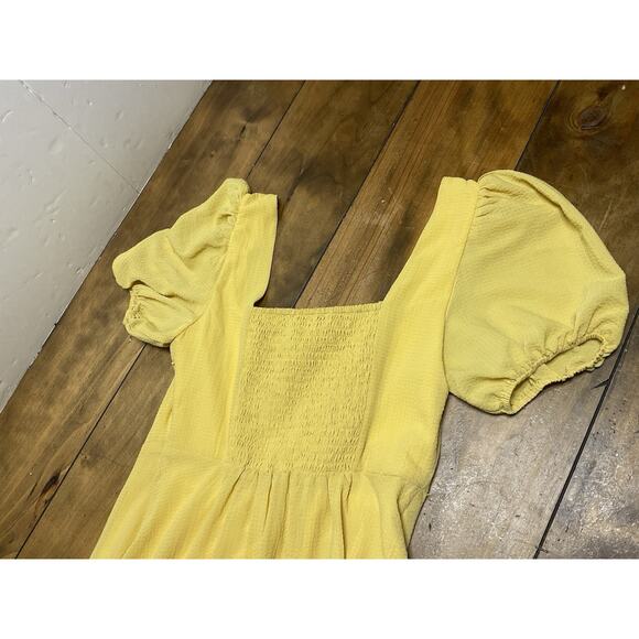 ASTR Wendy Puff Sleeve Mini Dress Yellow Flutter Hem Medium - Picture 9 of 9